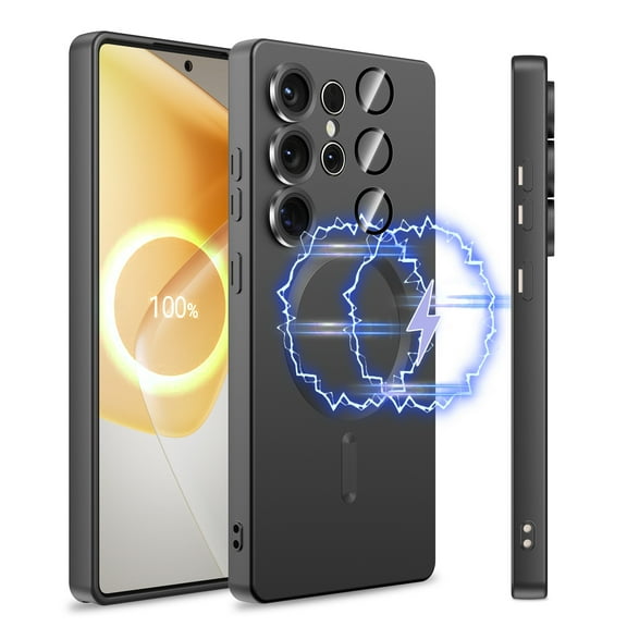 Elegant Choise Case for Samsung Galaxy S25 Ultra/S25 Plus/S25 Liquid Silicon Magnetic Mag Safe Cover with Camera Lens Film, Black