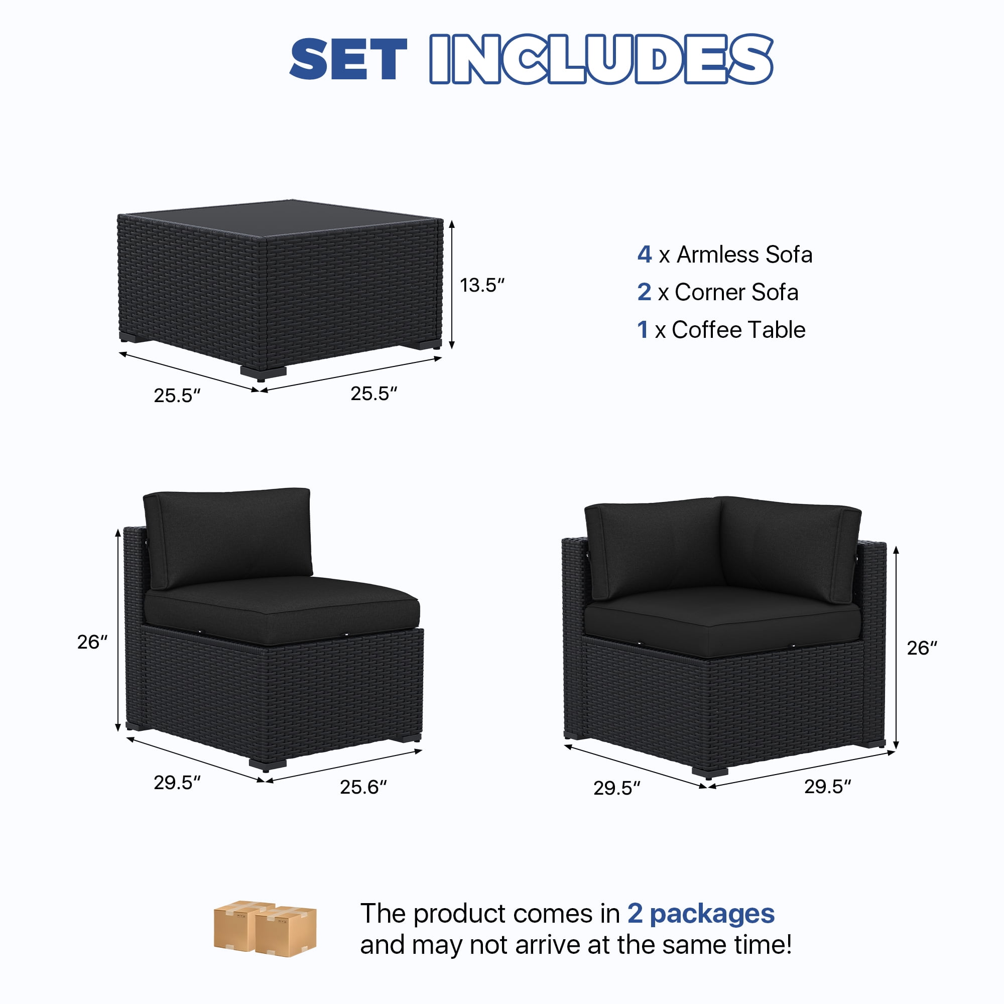 BaPiPro 7-Piece Outdoor Patio Furniture Set, Black Wicker Rattan Sectional Sofa with Black Cushions & Coffee Table, All-Weather for Backyard, Porch, Deck, Balcony