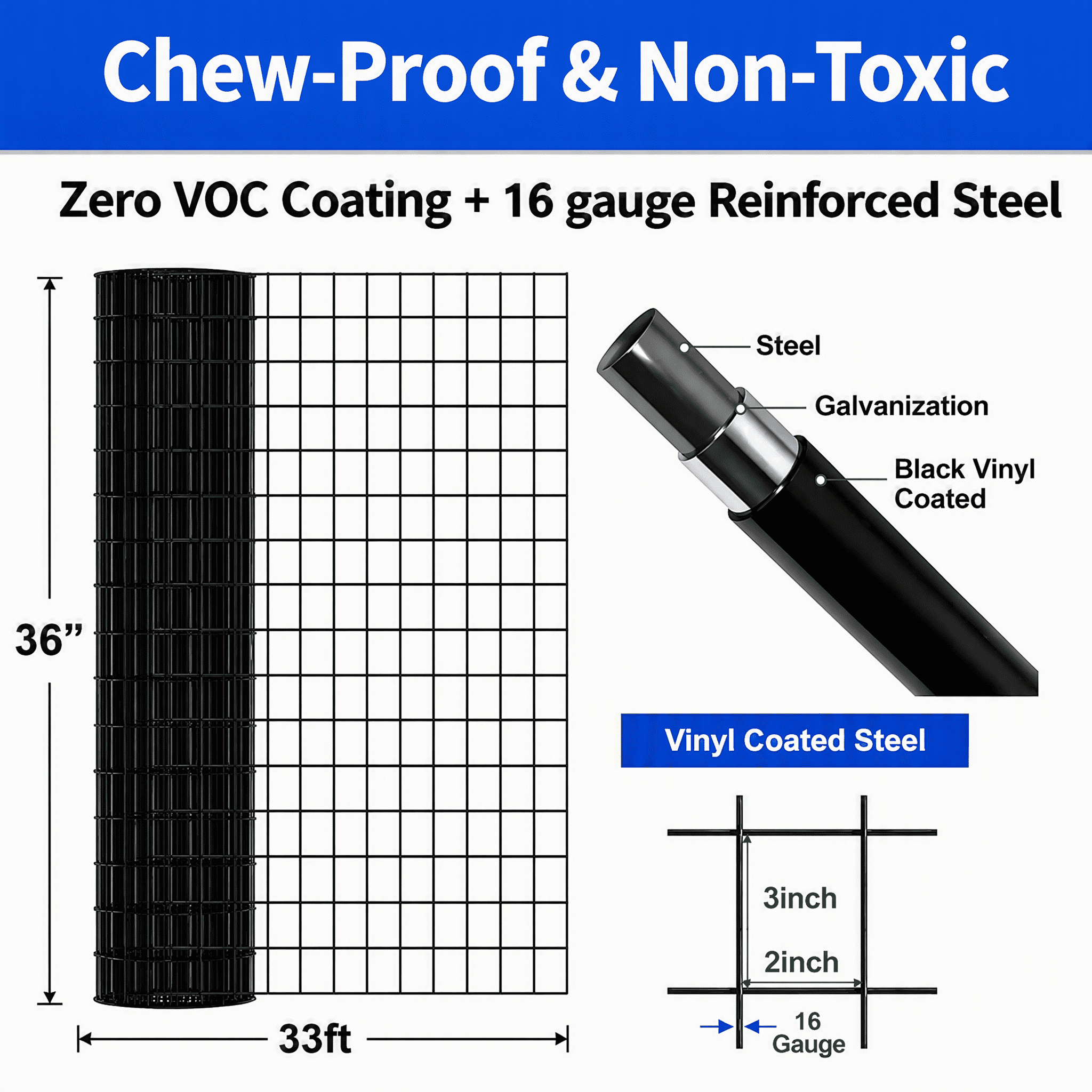 Black Vinyl Coated Fence 4x50ft 16 Gauge Galvanized Steel Pet-Safe for Garden Poultry Enclosure