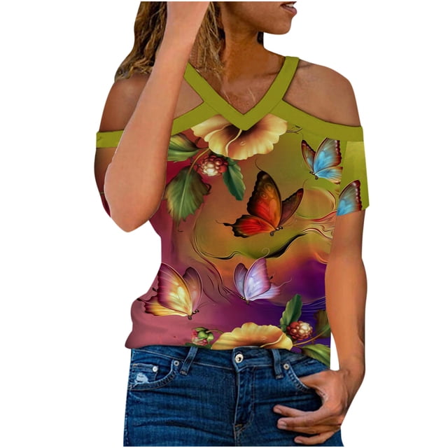 Camiseta de manga corta con hombros descubiertos y cuello en V con estampado de mariposa informal para mujer a la moda Fridja hjk5167