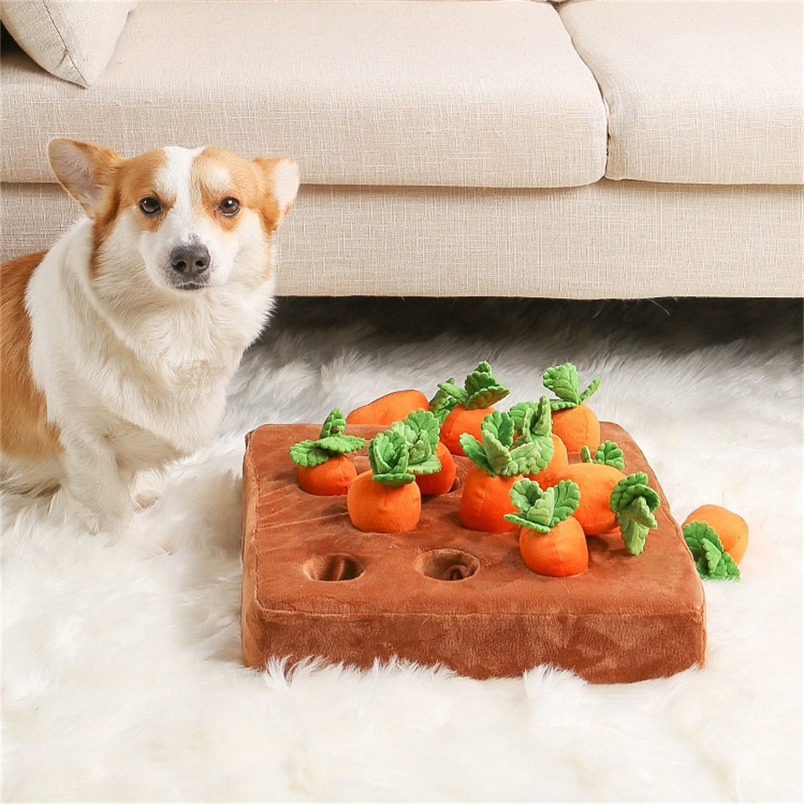 Dog Puzzle Toys Pull Carrot Toys,Interactive Mat with 9 Carrots for IQ Training,Boredom Relief Hide and Seek Plush Squeaky Toys for Puppies，As Shown