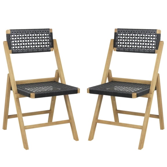 Biotree Set of 2 Folding Teak Wood Dining Chairs with Woven Rope Seat and Back for Kitchen and Patio to Add Natural Style, Natural Black