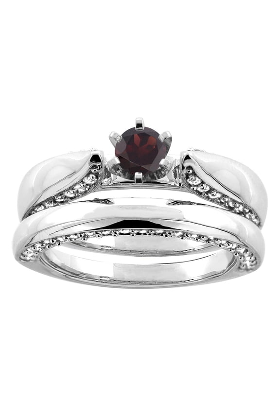 14K White Gold Natural Garnet 2-piece Bridal Ring Set Diamond Accents Round 5mm, size 9