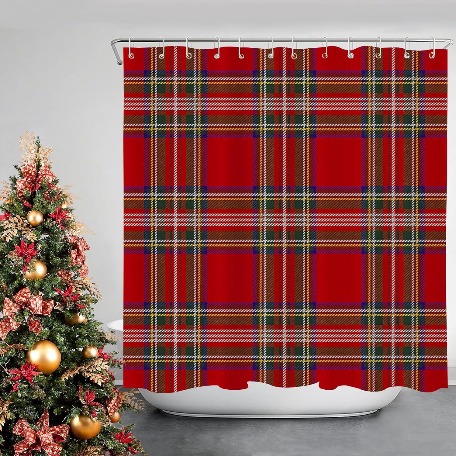 Christmas Plaid Shower Curtain Scottish Tartan Farmhouse Bathroom Shower Curtains for Bathtub Decoration with Hooks 72x72 Inch, Red and Green