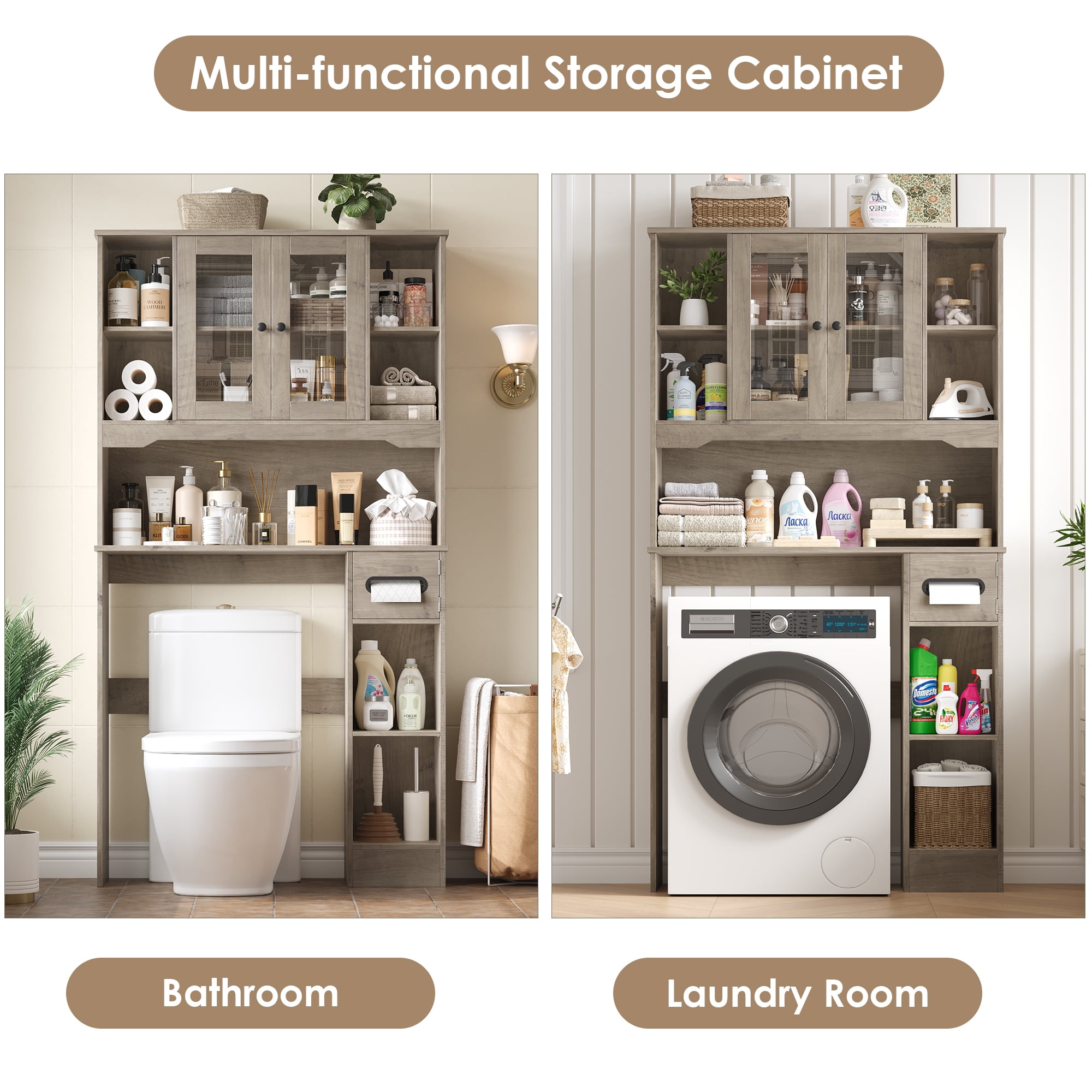 Homfa Over The Toilet Storage Cabinet with Toilet Paper Holder Stand, Above Toilet Organizer with Glass Doors, Behind Toilet Shelf for Restroom, Bathroom, Laundry, Wash Gray