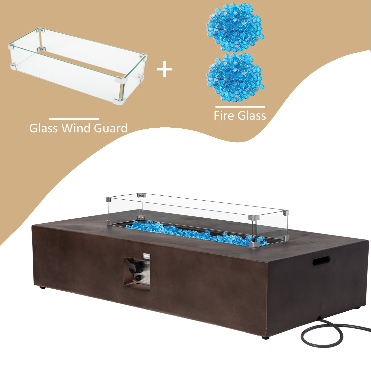 VENTOPYR 56" Rectangular Concrete Outdoor Fire Pit Table with Wind Guard & Fire Glass​