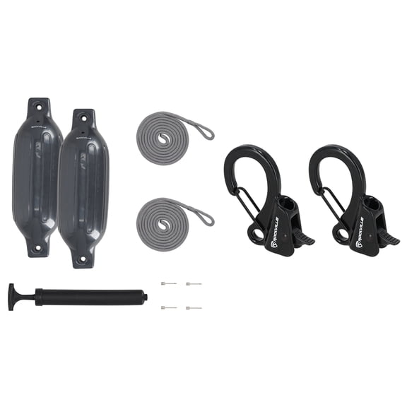 Rockville FEN245-GREY Bundle: 2 4.5 x 16 in Boat Fenders, 2 Fender Lines, Hand Pump, 2 Inflation Needles, RQA-2 Quick Release Fender Clips, 9-Items