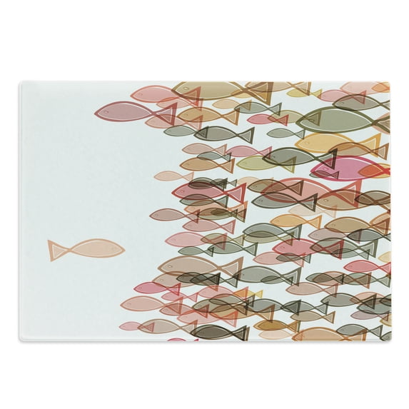 Nautical Cutting Board, Fish Flock Facing Others Design Seashore Print in Soft Pastel Color Tones, Decorative Tempered Glass Cutting and Serving Board, Large Size, Multicolor, by Ambesonne