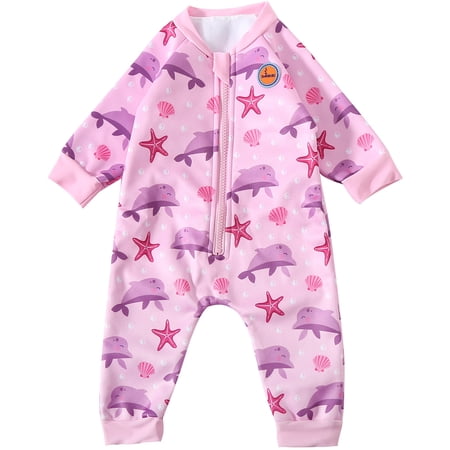 Swimbubs Baby Swimming Warm Suit Boys Fleece Lined Wetsuit Girls UV UPF50 Sun Protection Swimsuit (Pink Dolphin 3-6 Months)