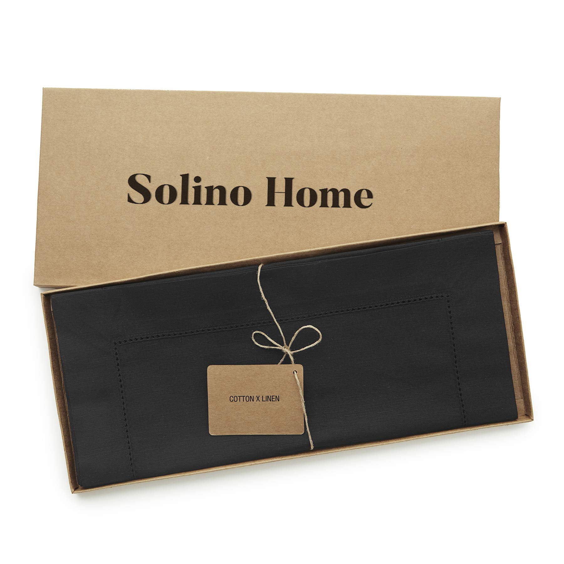 Solino Home Cotton Linen Black Table Runner 144 Inches Long - Hemstitch 14 x 144 Inch Table Runner for Spring, Easter, Mothers Day