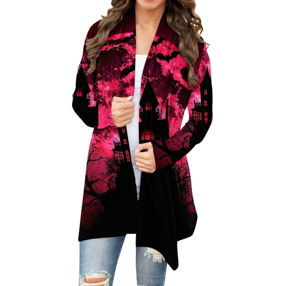 WXLWZYWL Halloween Cardigan for Women Plus Size Long Open Front Cardigans Halloween Pumpkin Pattern Cardigan Bat Cardigan