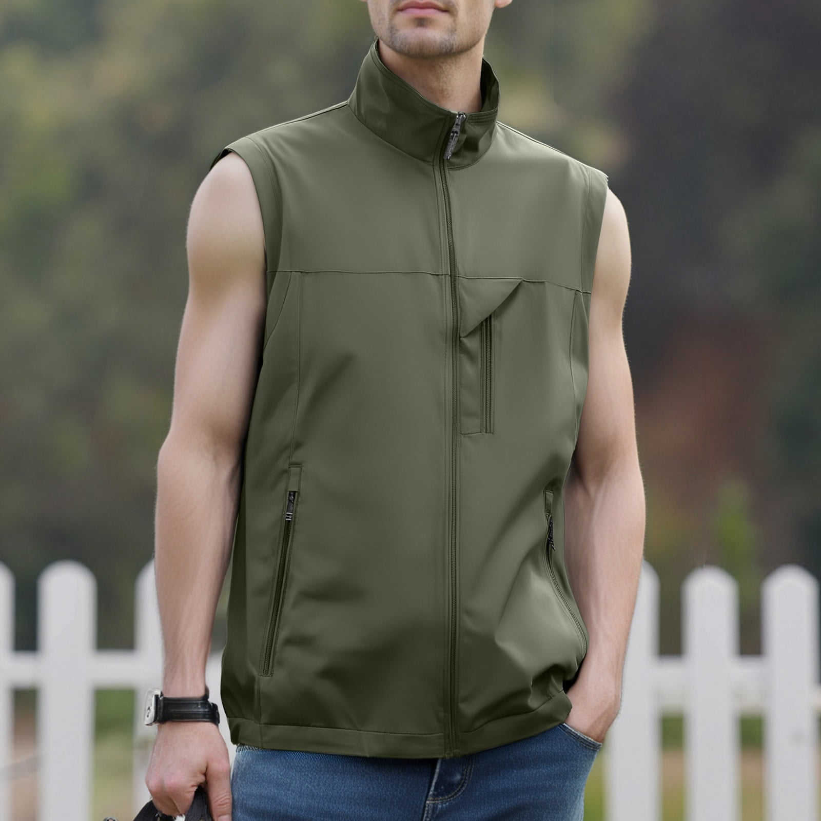 Men's Windproof Lightweight Golf Vest Softshell Sleeveless Jacket with Pockets for Running Hiking Sports Spring Fall,Army Green,3XL