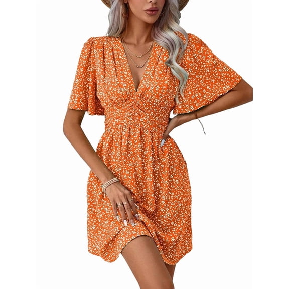 Women Summer Dresses Short Sleeve V Neck Floral Midi Sundress Orange XL