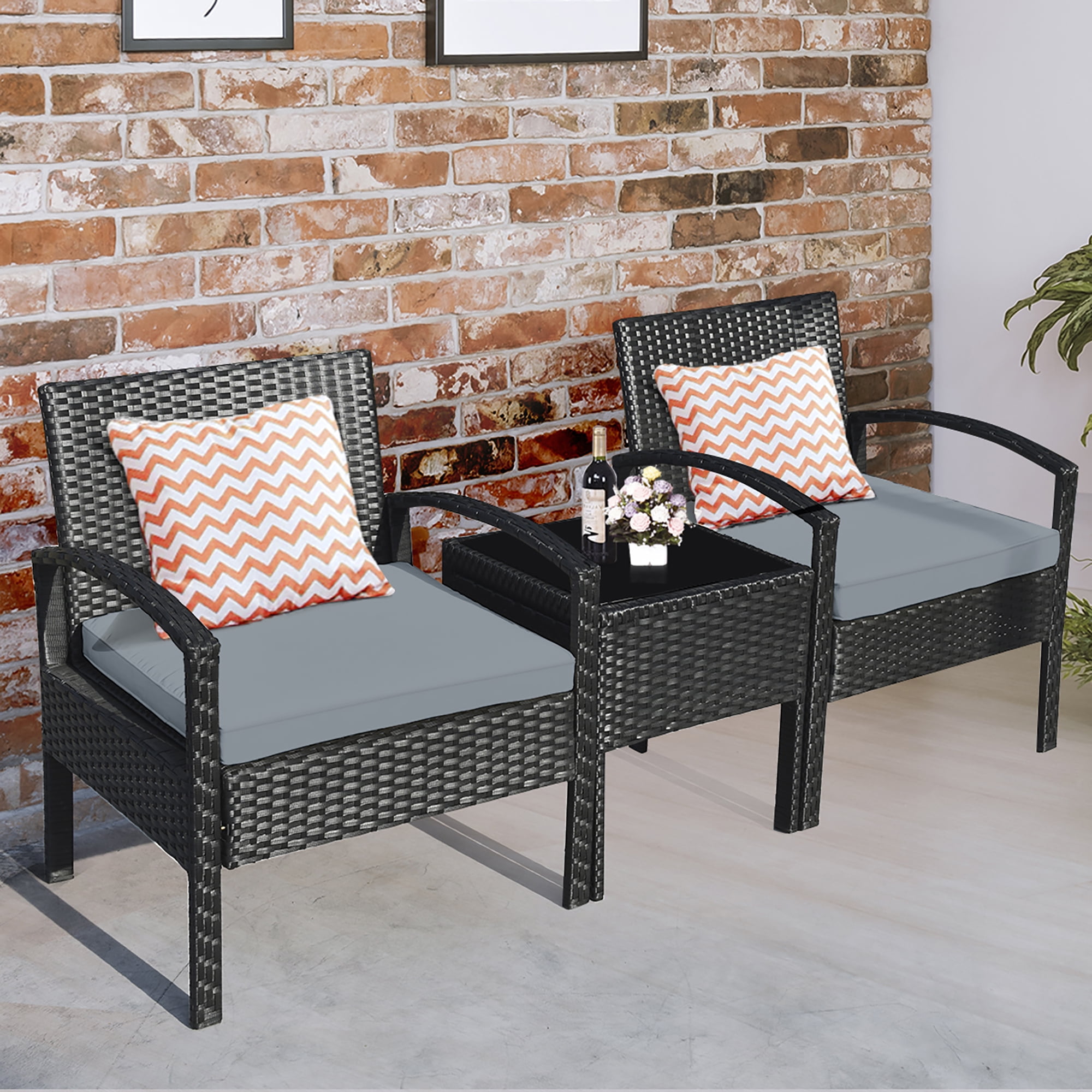Costway 3PCS Patio Rattan Furniture Set Coffee Table Conversation Sofa Cushioned Gray