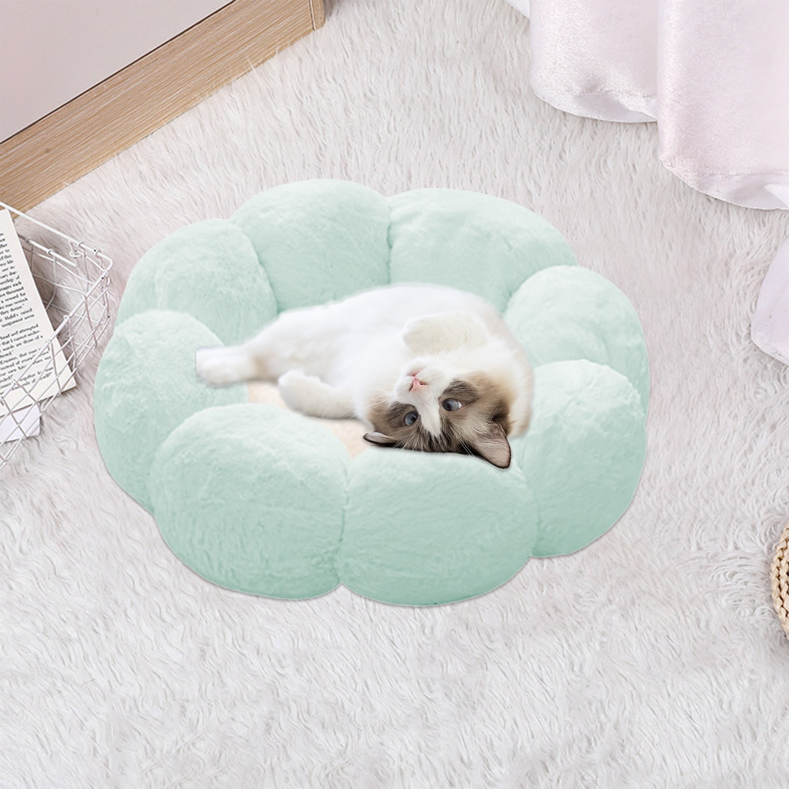 Nebwoak Round Cat Bed Warm Rounded Petals Calming Dog Cats Bed Cuddler Warming Cozy Soft Bed Faux Furs Cushion Bed for Small Medium Dogs and Cats