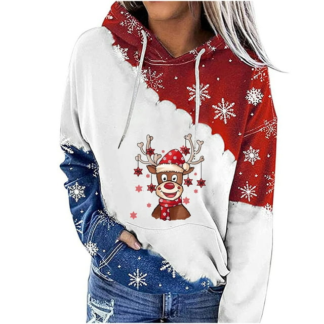 Sweat à Capuche d'Hiver pour Femmes Mode Pull de Noël Hoilidy Extérieur Chaud Col Rond Cardigan Imprimé Xmas Pull Mi-Long Blouse Ample