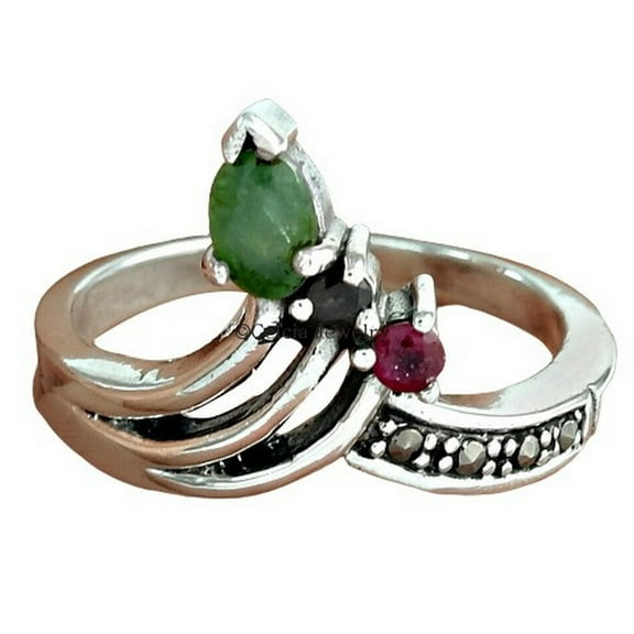 Genuine Emerald, Sapphire & Ruby Multi Gemstone Ring, Pure 925 Sterling Silver, Wedding Stackable Metaphysical Gifts Ring, Anxiety Ring, Super Designer Handmade Unique Jewelry For Women Size 7