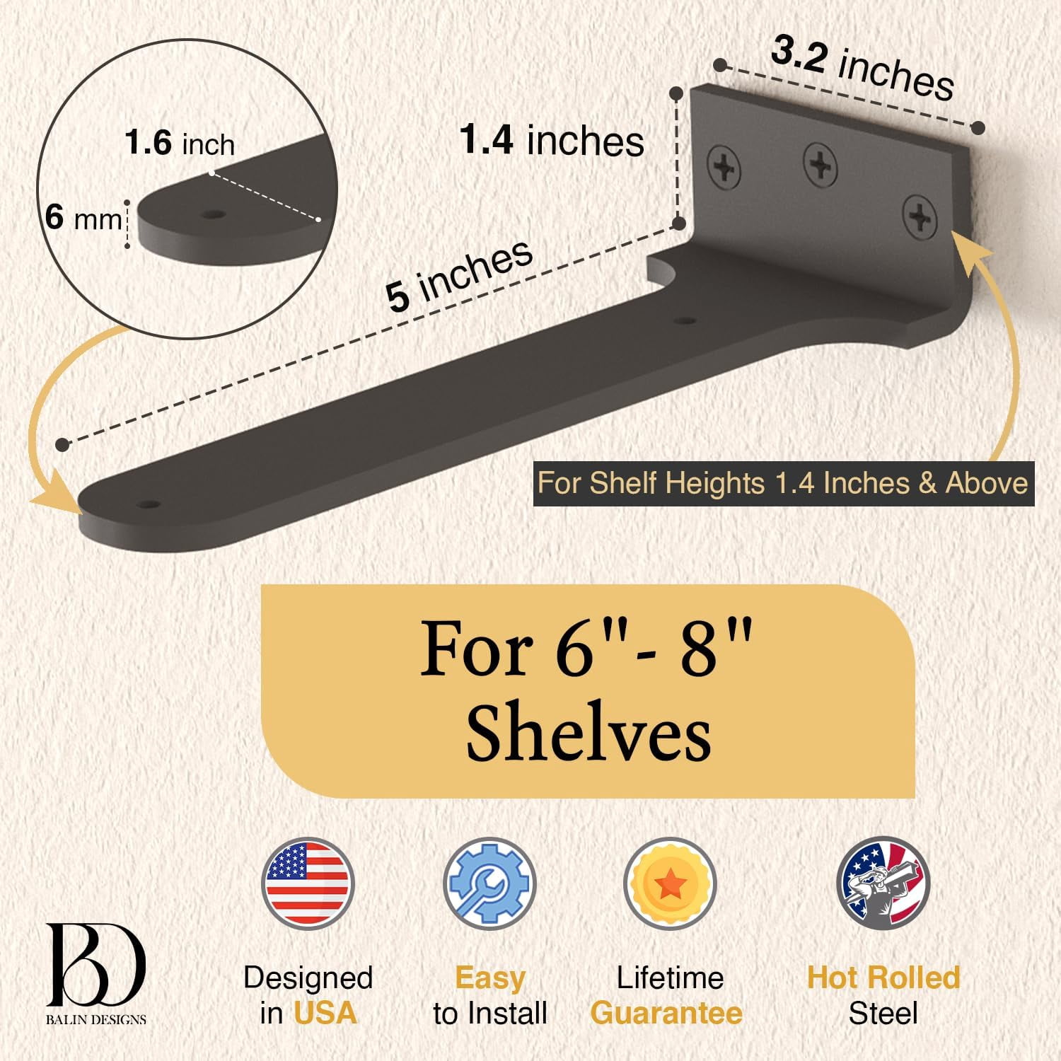 6" Black Floating Shelf Bracket by Balin Designs - Industrial Hidden Wall Bracket for Kitchen, Bathroom Bookshelves - Heavy Duty, Free Hanging Invisible Support for Shelves & Countertops (Pack of 4)