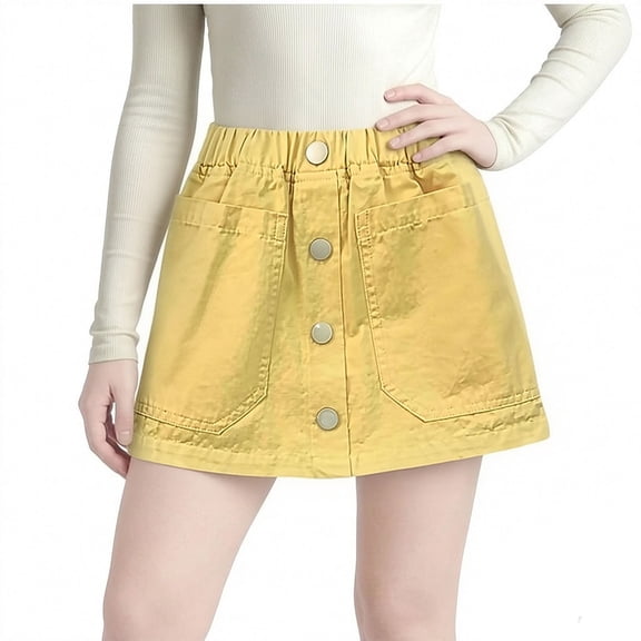 GiLiling Denim Skirts for Girls Mini Skirt Elastic Waist A-Line Skirt with Large Pockets and Decorative Buttons for Casual Everyday Wear (Yellow, 4-5 Years)