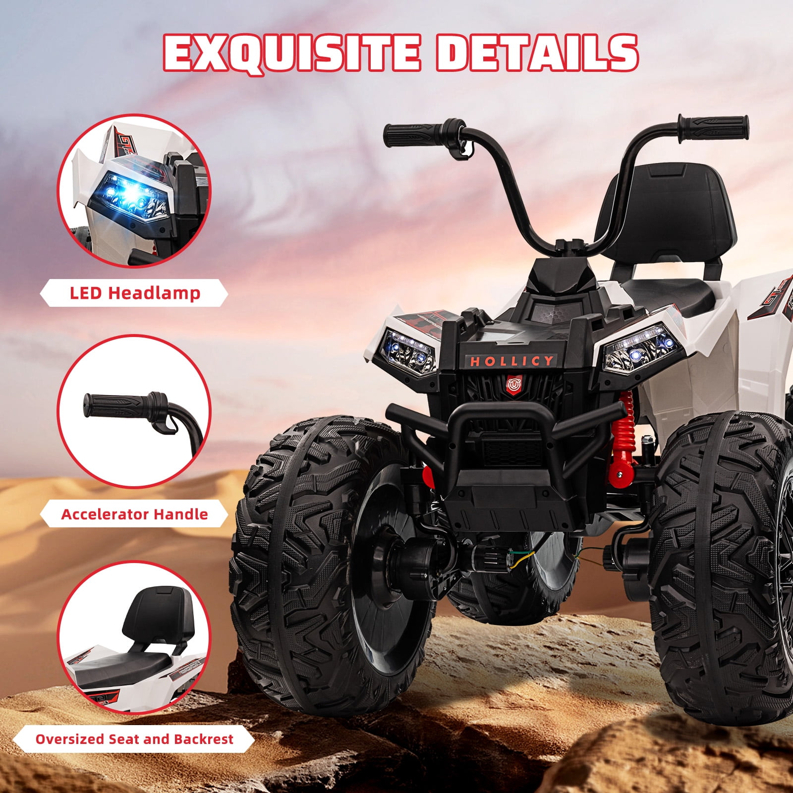 M optimized Kids Ride on ATV, 24V Ride on Car 4WD Electric Vehicle, 4x80W Powerful Engine, with Accelerator Handle, EVA Tire, Metal Suspension, LED Light, Music, for 3-8 Years Boys Girls