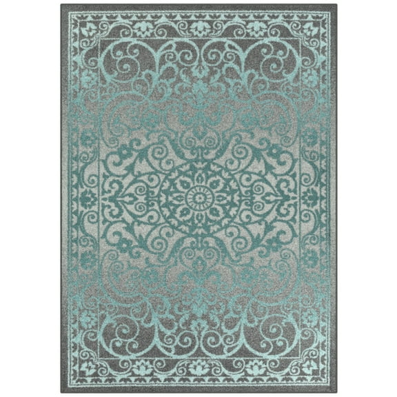 Maples Rugs Pelham Transitional Vintage Scroll Grey Blue Non Slip Indoor Area Rug, 5' x 7'