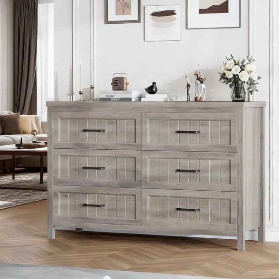 6 Drawer Dresser for Bedroom with Deep Drawers, Large Wooden Double Farmhouse Dresser Chest of Drawers for Living Room, Hallway, Entryway — Antique Gray