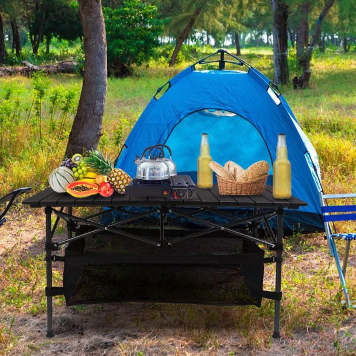 37.2" Folding Camping Table, Aluminum Top & Steel Frame, 220lb Capacity, Mesh Storage Basket, Carry Bag for Outdoor Dining, BBQ, Beach, Backyard