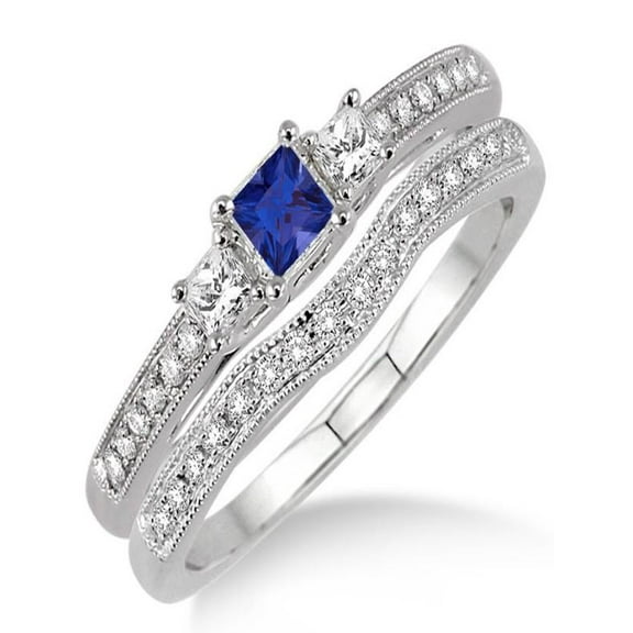1.5 Carat Sapphire and Diamond Three Stone Bridal Set on 10k White Gold