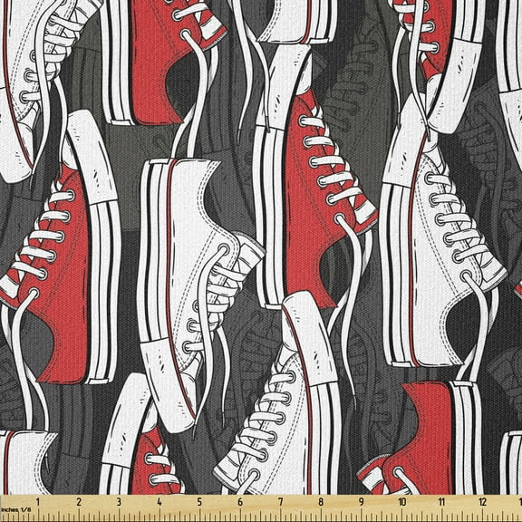 Retro Fabric by The Yard, Retro Shoes Pattern Sneakers Nineties Casual Clothing Cartoon, Stretch Knit Fabric for Clothing Sewing and Arts Crafts, Vermilion White, by Ambesonne