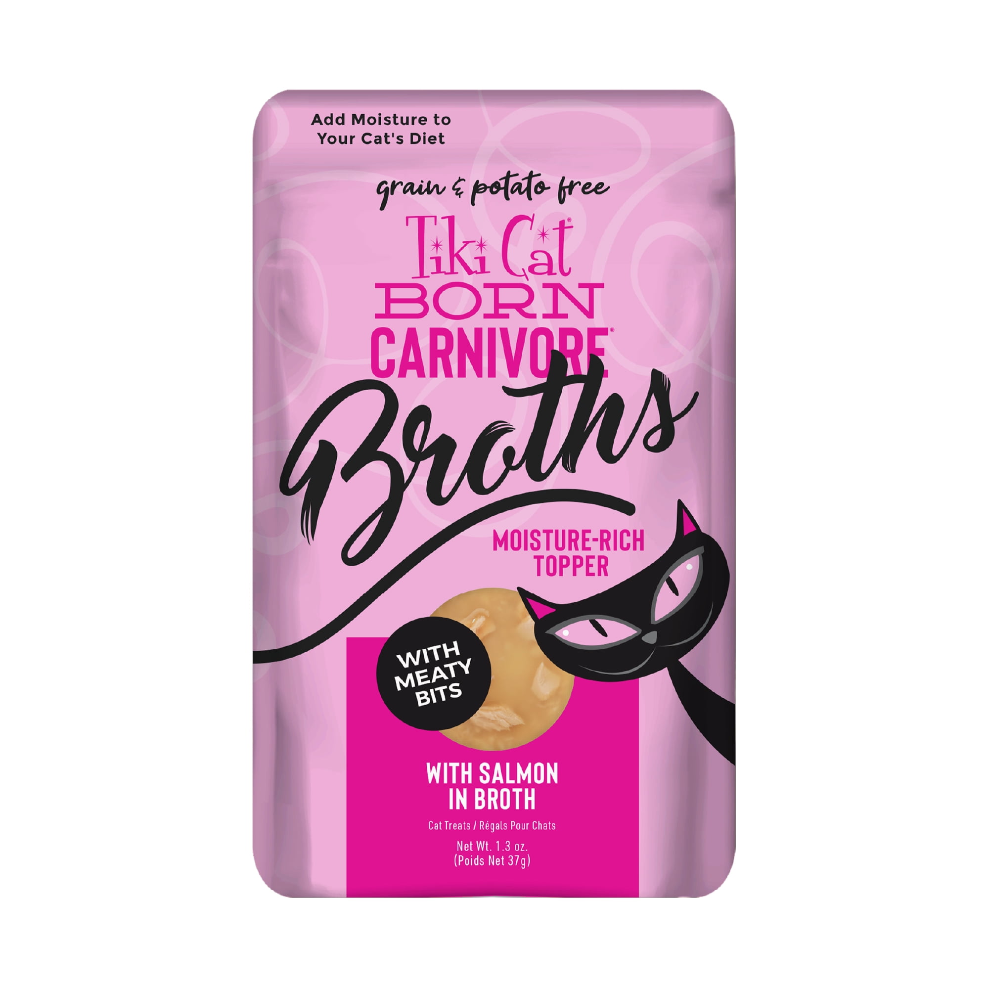 (4 pack) Tiki Cat Born Carnivore Broths Wet Cat Food Topper, Salmon, 1.3 oz. Pouch