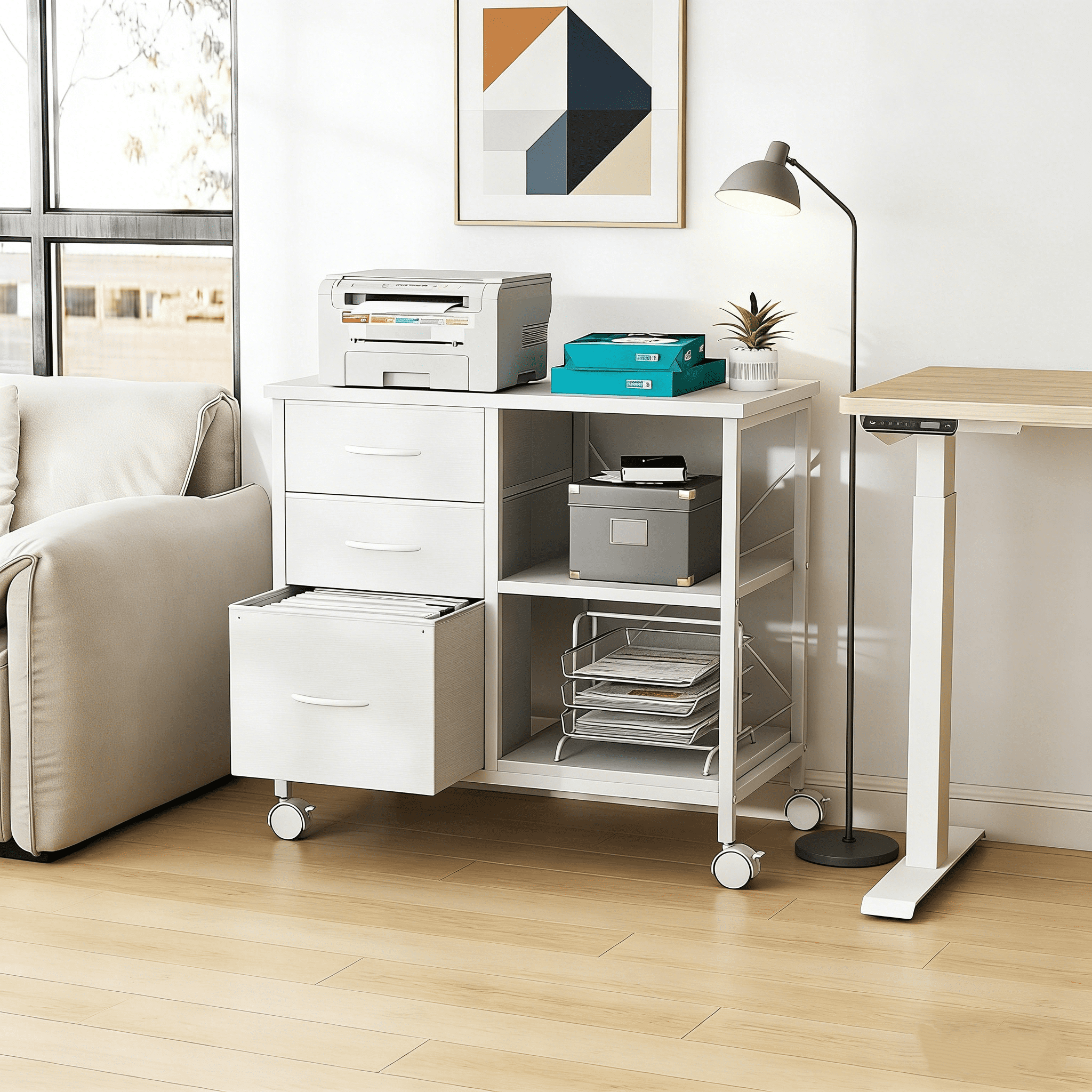 3-Tier Mobile File Cabinet, Rolling Printer Stand with Storage and Back Support Bar, 3 Drawer Lateral File Cabinet Holds 110lbs, for Home Office in Rustic White