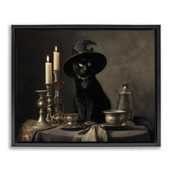 Vintage Witchy Black Cat Black Framed Floater Canvas Wall Art, design by Arlington Prints
