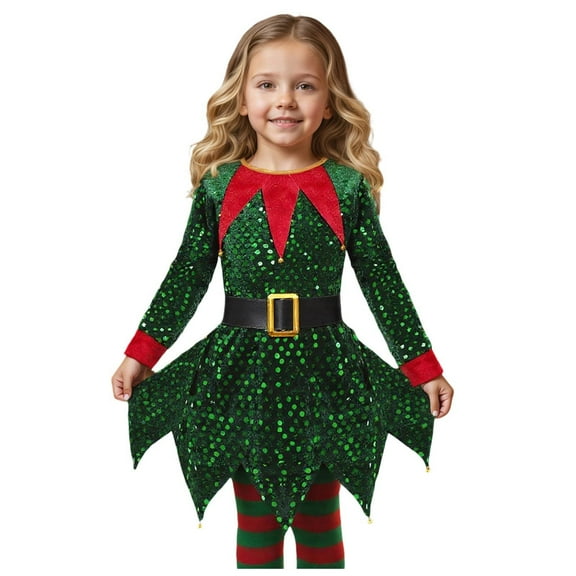 Elf Kids Outfit Long Sleeve Dress Hat Belt and 1 Pair of Socks Set Kids Boy Christmas Outfit Party Outfit 9-11 Years