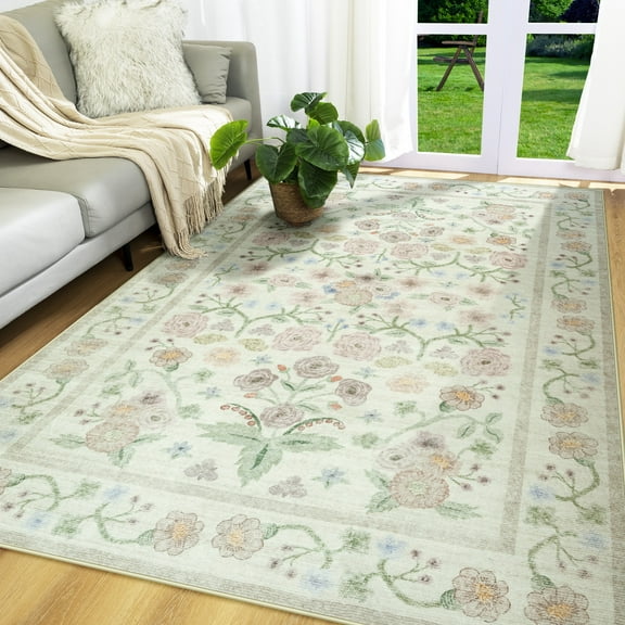 Wondo Washable Area Rug 6x9 - Traditional Floral Living Room Rug Stain Resistant Soft Bedroom Rug, For Under Table Living Room Indoor Rug, Beige