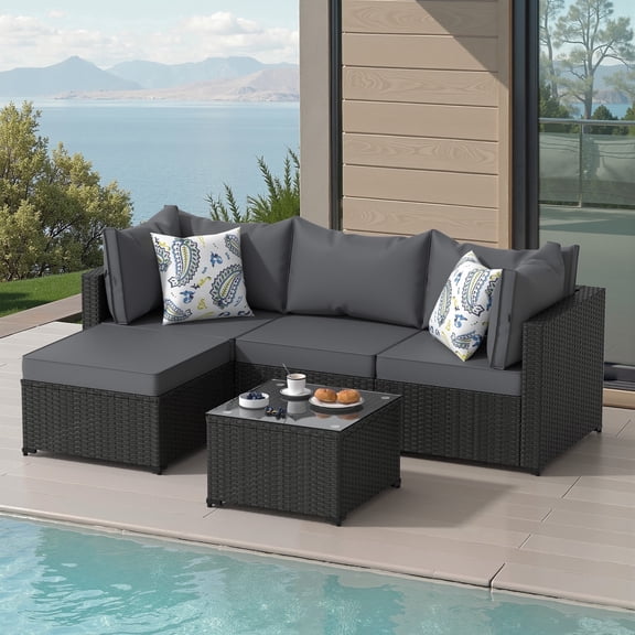 Phonjoroo 5PCS Patio Furniture Sets All Weather Outdoor Sectional Sofa Manual Weaving Wicker Rattan Outdoor Conversation Set with With Cushion And Glass Table, Gray