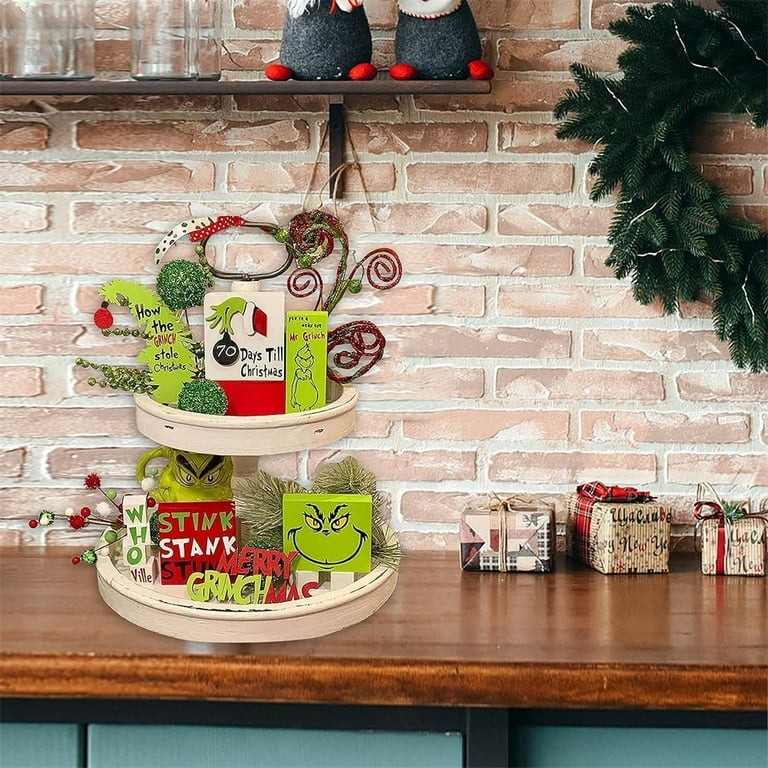 11PCS Grinchs Tiered Tray Decor,Christmas Tiered Tray Decor-Include Wooden  Signs/Gnomes Plush/Bead Garland,Grinch Christmas Decoration or Tiered Tray