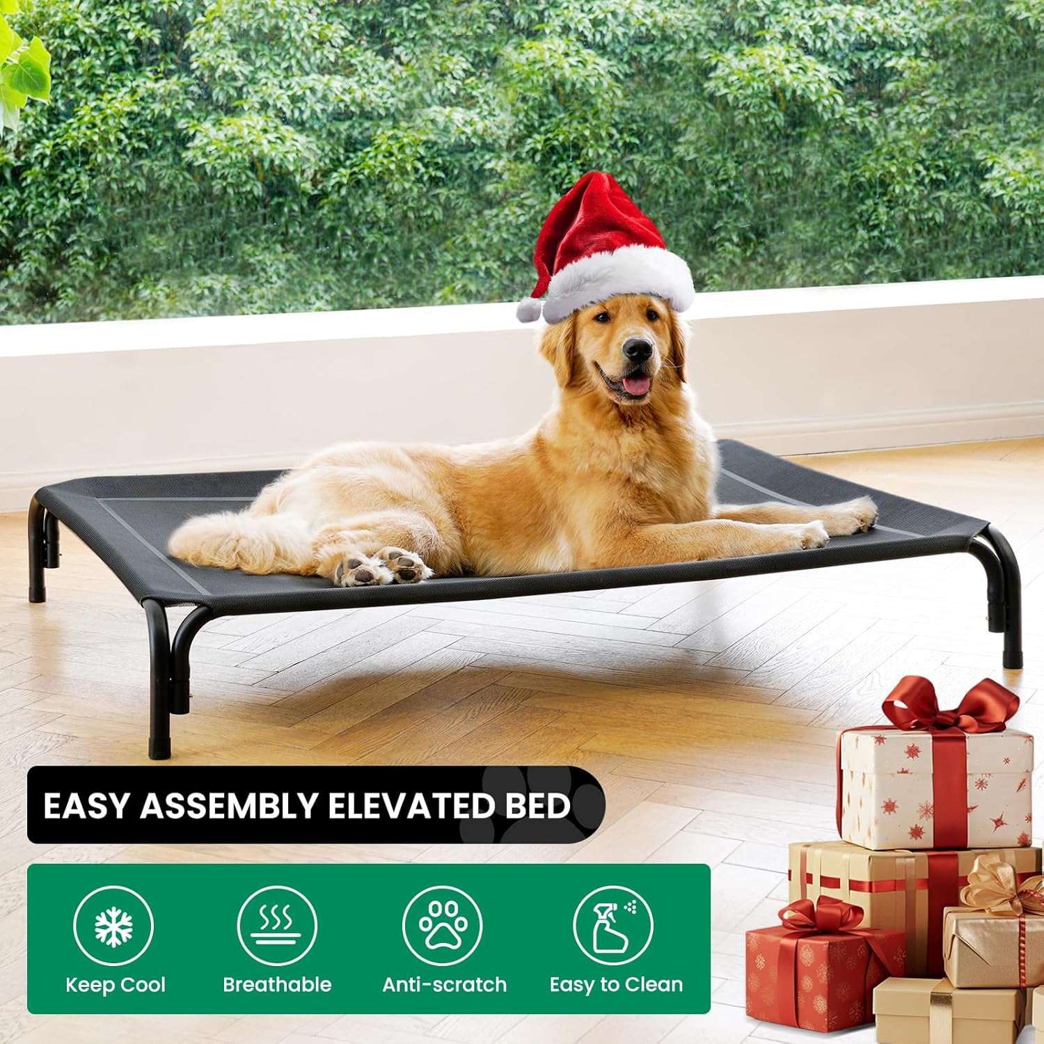 Elevated Dog Bed Raised Outdoor Dog Cot for Large Dogs, Installation Requires No Tools, Frame with Washable Cooling Breathable Mesh Anti-Slip Feet, Indoor Pet Bed, Green, 43.3 Inches