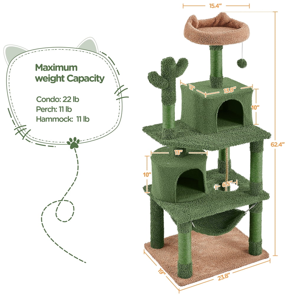 Yaheetech 62.5'' Multi-Level Cactus Cat Tree with Perch, 2 Condos & Hammock, Green/Brown