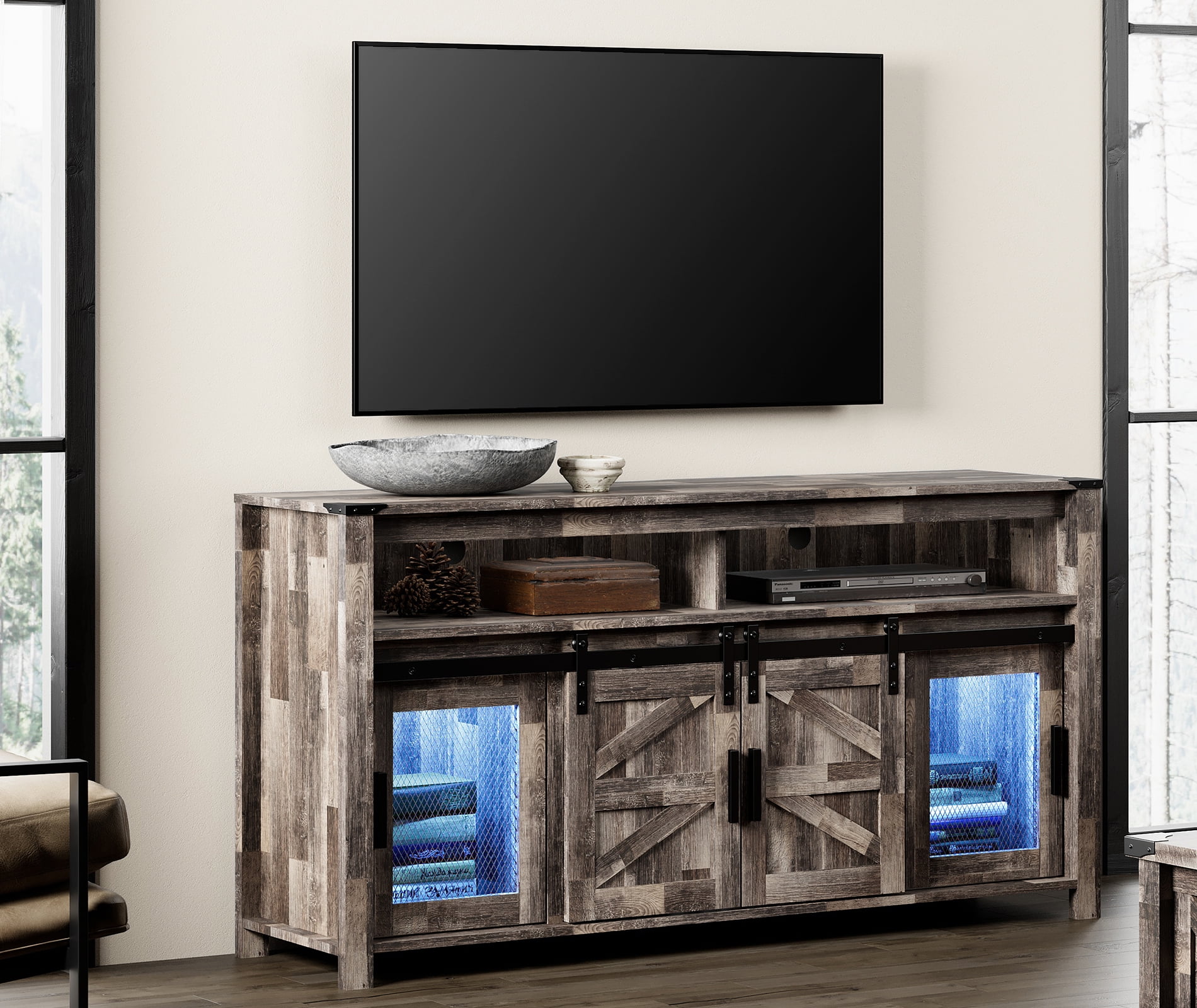 Tall TV Stand with Blue LED Lights Strips for 65 inch TVs, Farmhouse Media Console Table with Mesh and Barn Doors for Bedroom, Living Room, Dark Rustic Oak, 59x15.4x31