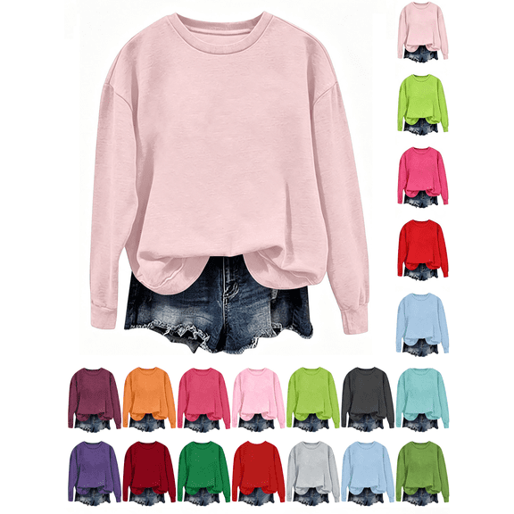 Hzzrkos Women Casual Loose Solid Color Round Neck Long Sleeve Curved Hem Hoodless Sweatshirt Pullover Top Pink#1