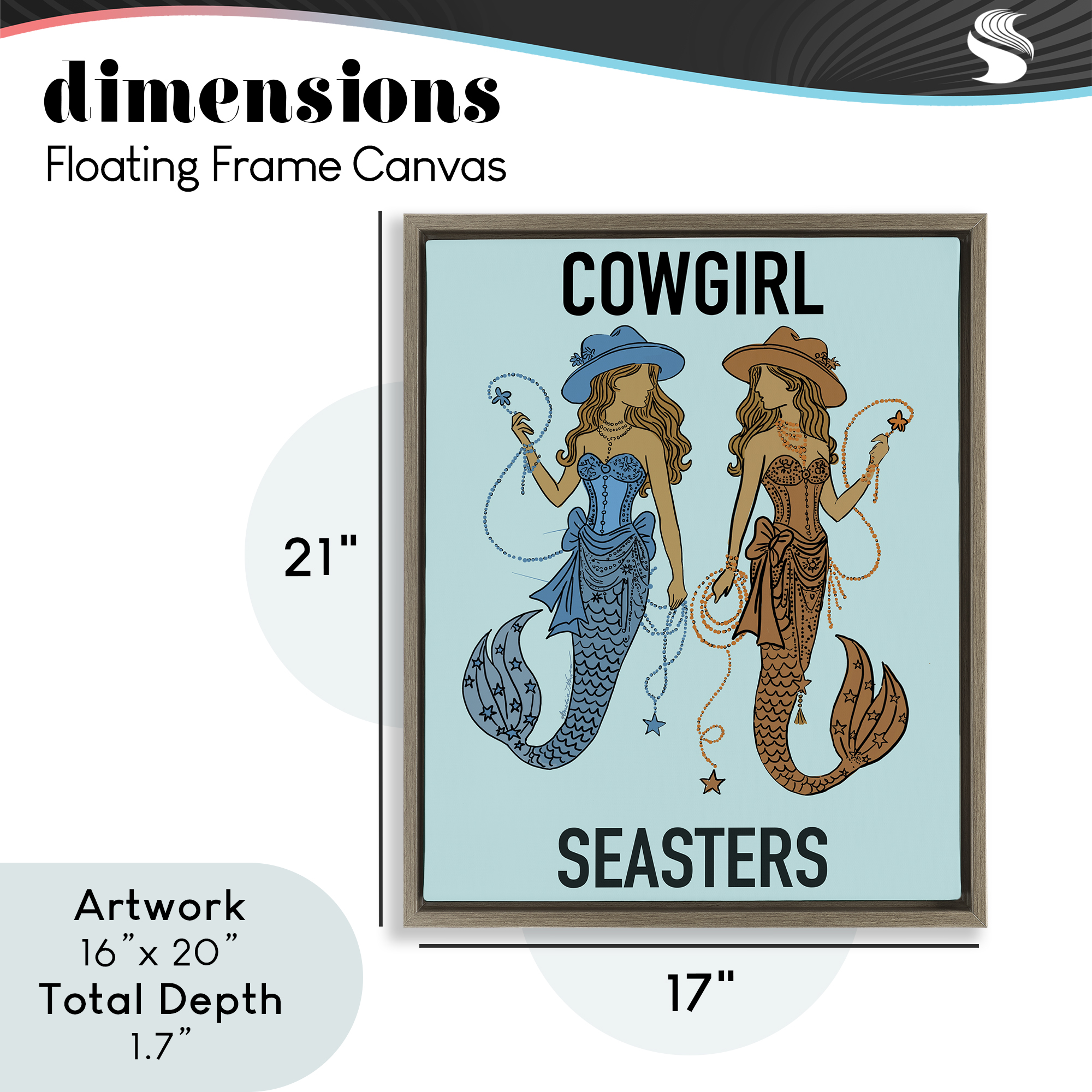 Cowgirl Seasters Mermaid Friendship Brown Framed Floater Canvas Wall Art, design by Amelia Noyes