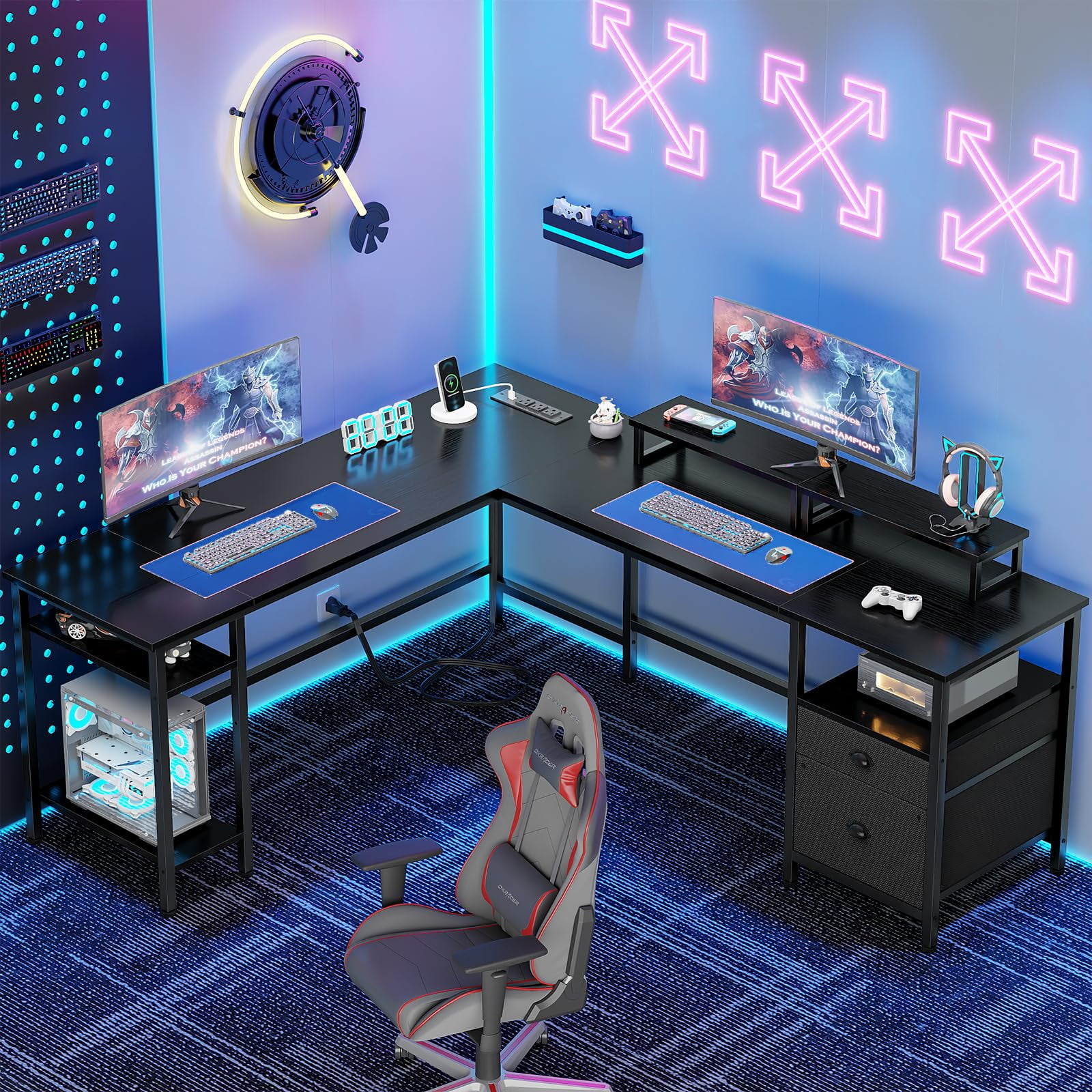 Furologee 66” L Shaped Desk with Power Outlet, Reversible Computer Gaming Desk with File Drawer & 2 Monitor Stands for Home Office with Storage Shelves, Black