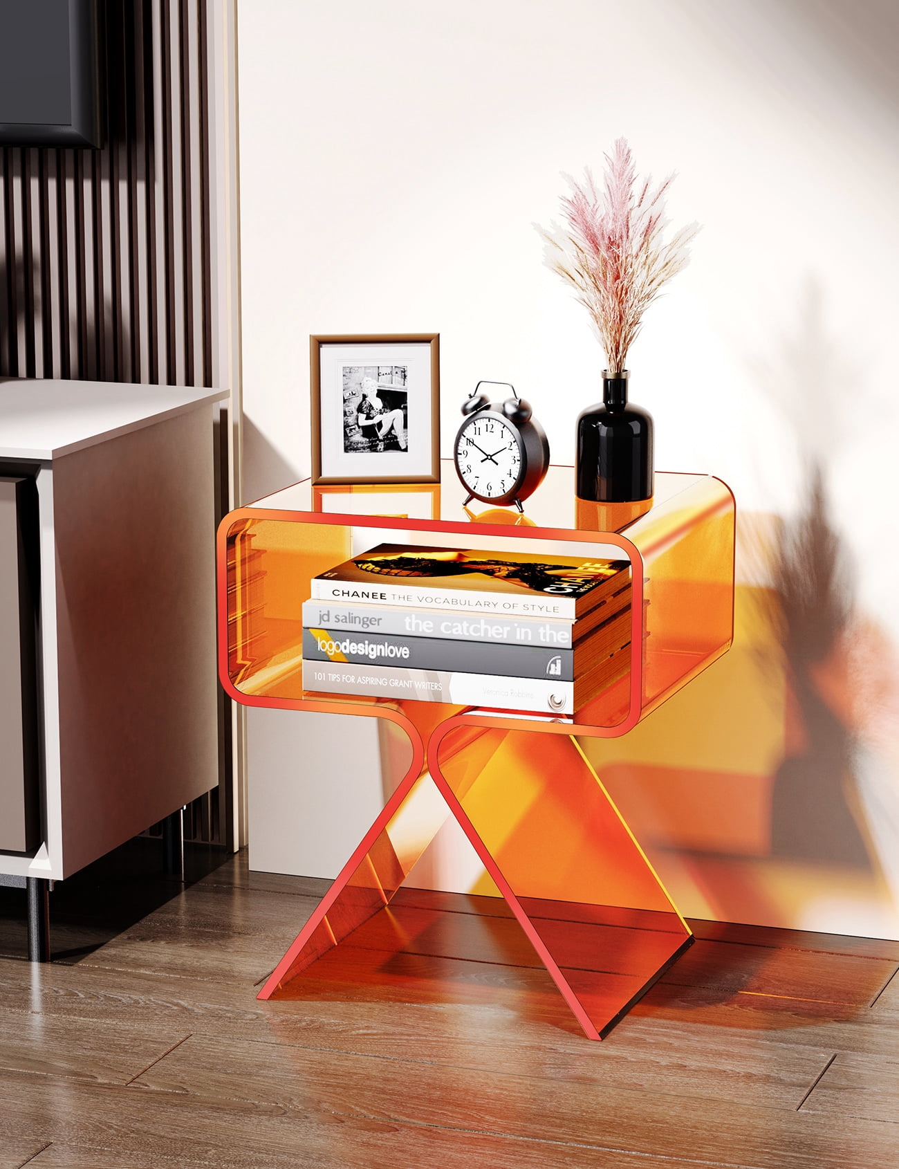 Solaround Acrylic Side Table Nightstand, 15.4''L x 11.8''W x 17.7''H, Orange