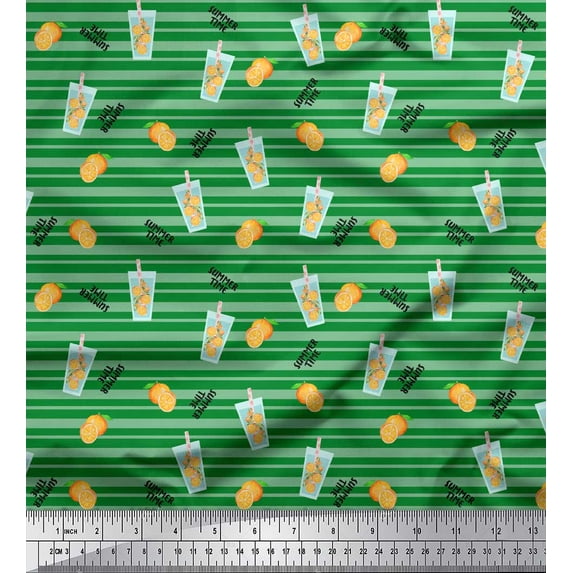 Soimoi Green Poly Georgette Fabric Stripe & Orange Fruits Print Fabric by Yard 42 Inch Wide