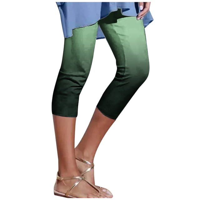 Timegard Womens Capri Leggings Pants Gradient Color Elastic Waisted Drawstring Comfy Slim Casual Cropped Trousers