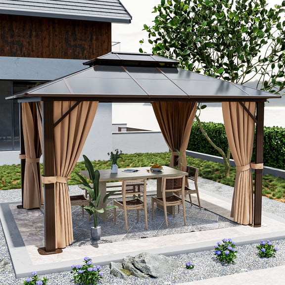 BaPiPro 10'x12' Aluminum Frame Hardtop Gazebo with Curtains and Netting, Double Polycarbonate Roof Outdoor Patio Garden Shelter for Backyard, Brown