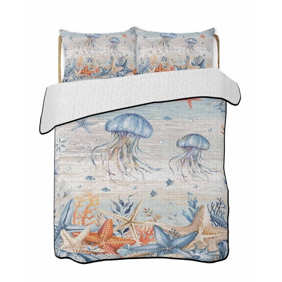 Quilts Twin Size Bedding Set, Jellyfish Coastal Lightweight Quilted Comforter, Summer Beach Coral Starfish Blue Grey Soft Reversible Bedspread Coverlet with Pillow Covers for All Season, 68" x 86"
