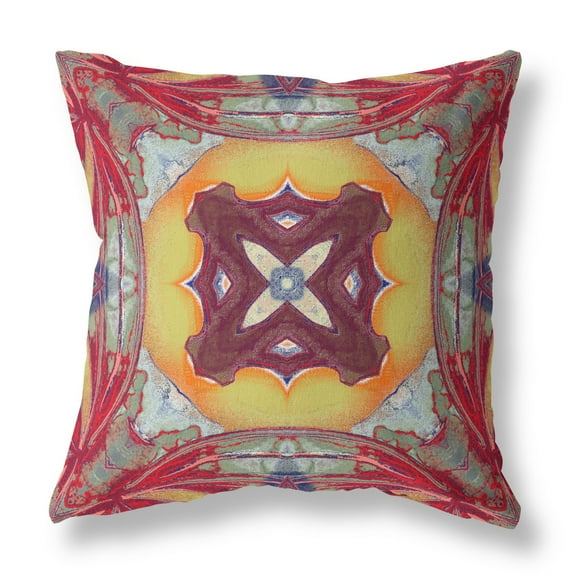 18†Red Yellow Geo Tribal Indoor Outdoor Throw Pillow