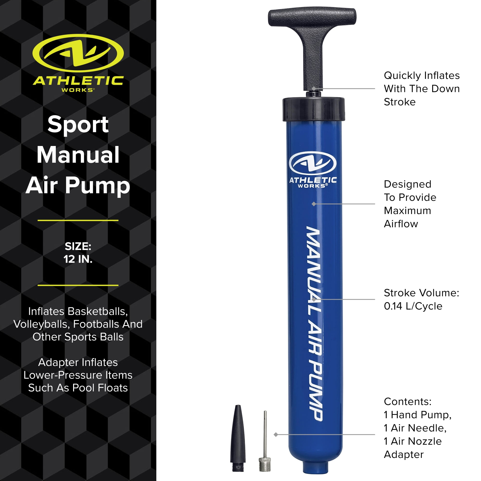 Athletic Works 12" Manual Sports Ball Pump with Inflation Needle & Versatile Adapter