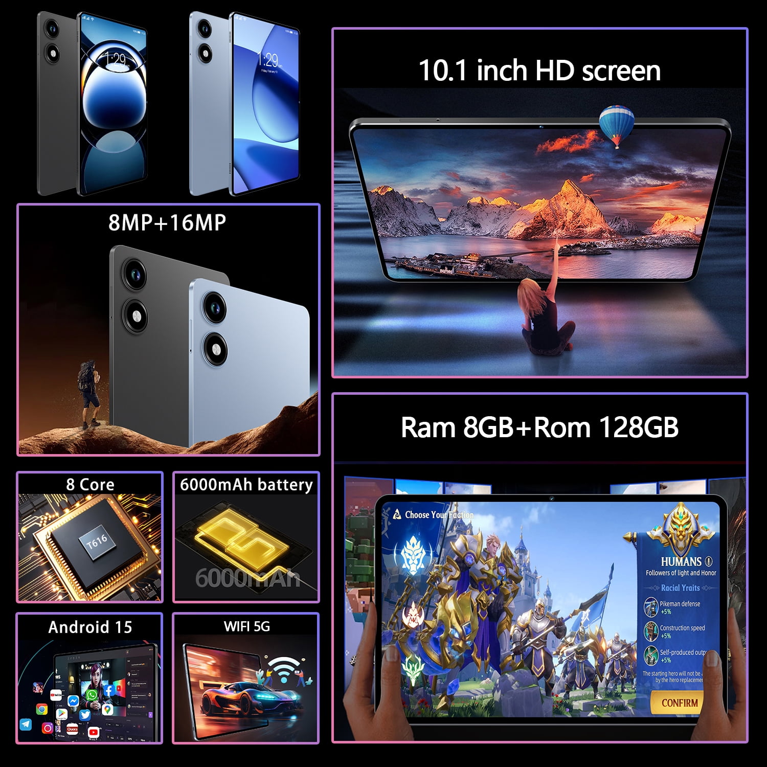 10.1 Inch Android 15 Tablet PC, 8GB RAM + 128GB ROM, T616 Octa-Core Processor, 8MP+16MP Dual Camera, 6000mAh Battery, HD Touchscreen Tablet with 5G WiFi, GPS, Quad Speakers for Gaming & Entertainment
